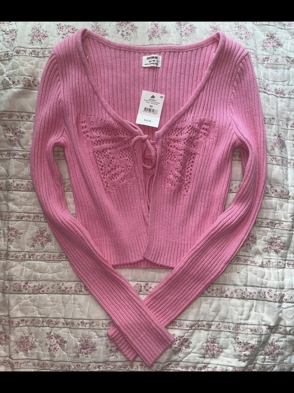 Cotton On Pink Ribbed V-Neck Cardigan with Lace Panels